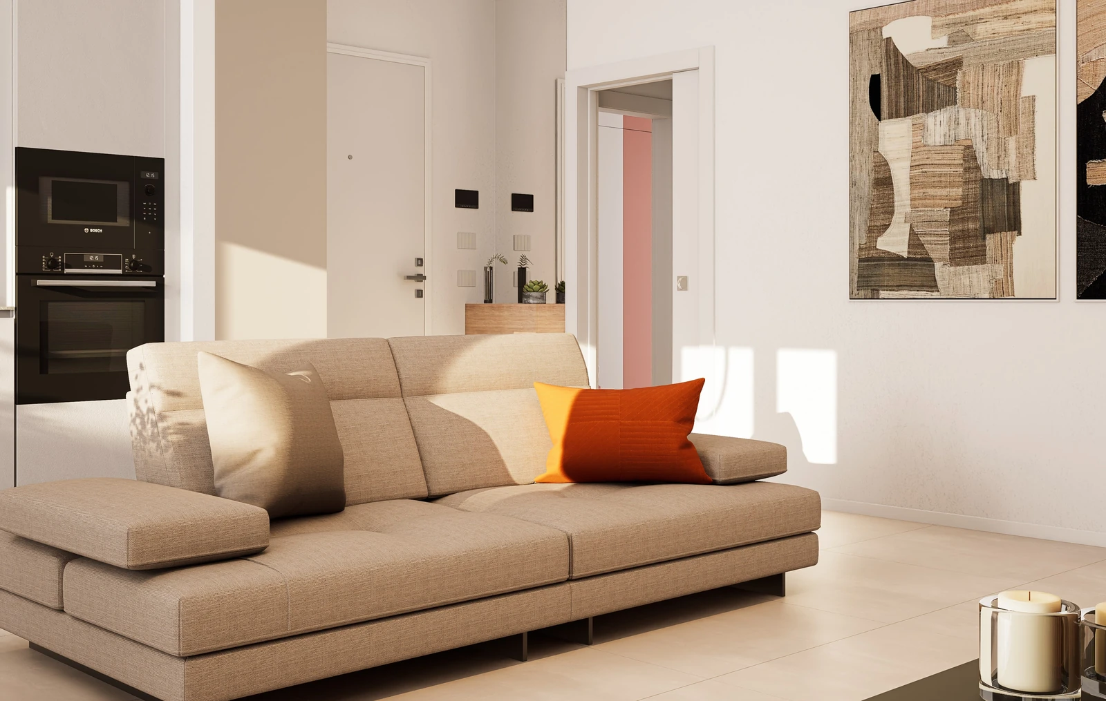 Render della zona giorno, Appartamento 1